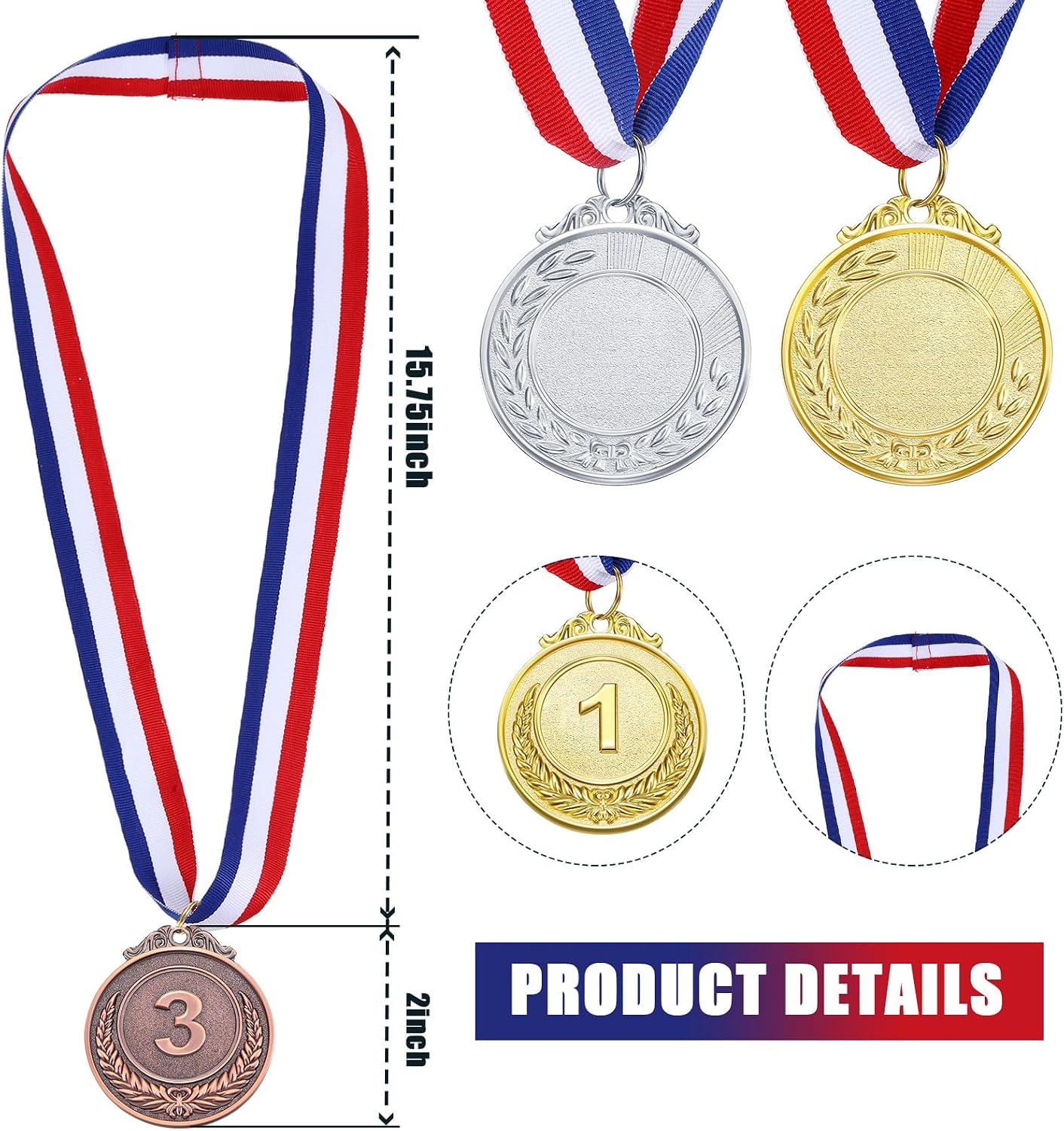 Metal Winner Award Medals, Gold Sliver Copper Winner Medals with Neck Ribbon 1st 2nd 3rd Prize Medals for