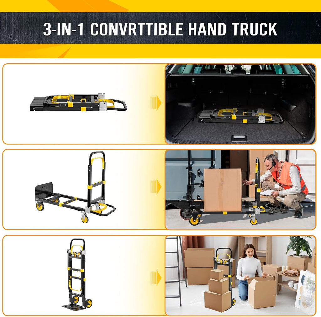 Upgraded 3 in 1 Folding Hand Truck, 600lbs Convertible Hand Truck Dolly with Solid Wheels and Straps Luggage