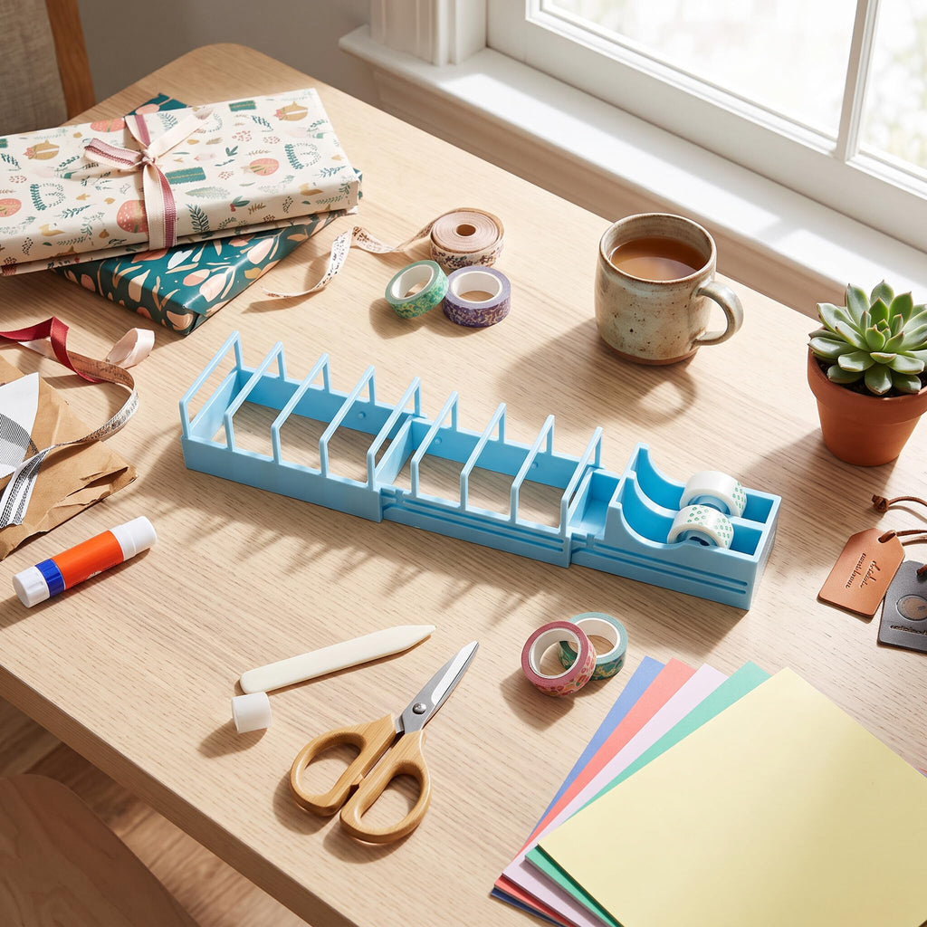 Foldable Tape Dispenser, Portable Lightweight Multi Type Cutter and Holder for Gift Wrapping Home Office Blue Plastic