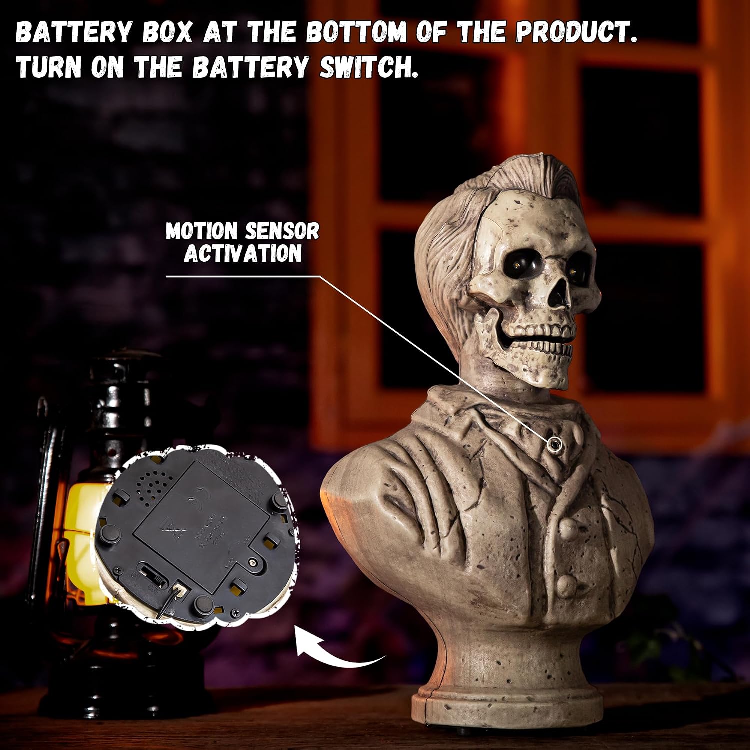 Halloween Animatronics Talking Stone Statue Decorations, Animated Props with Sound & Motion Activated, Mouth Moving