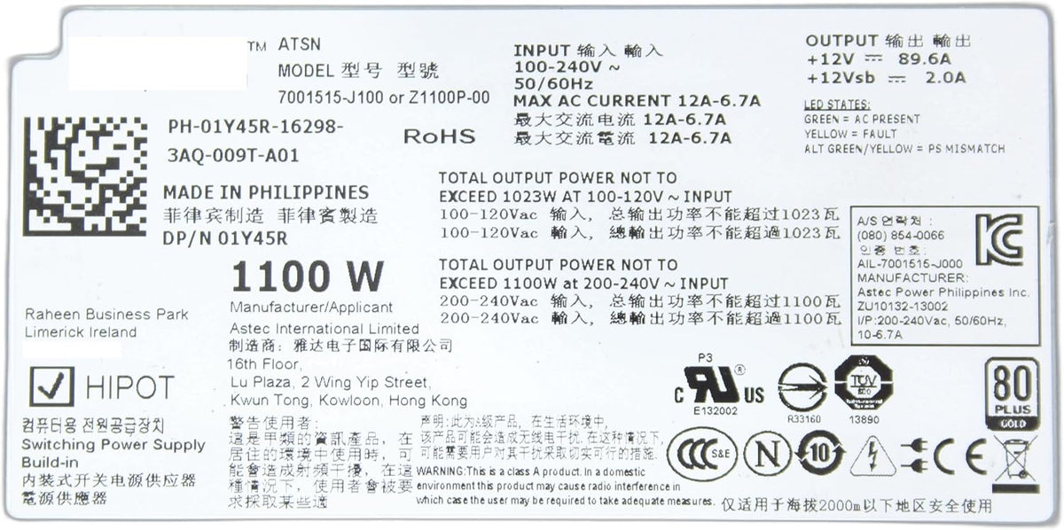 Compatible with POWEREDGE Compatible with DELL 1Y45R-1100W Server Redundant Power Supply