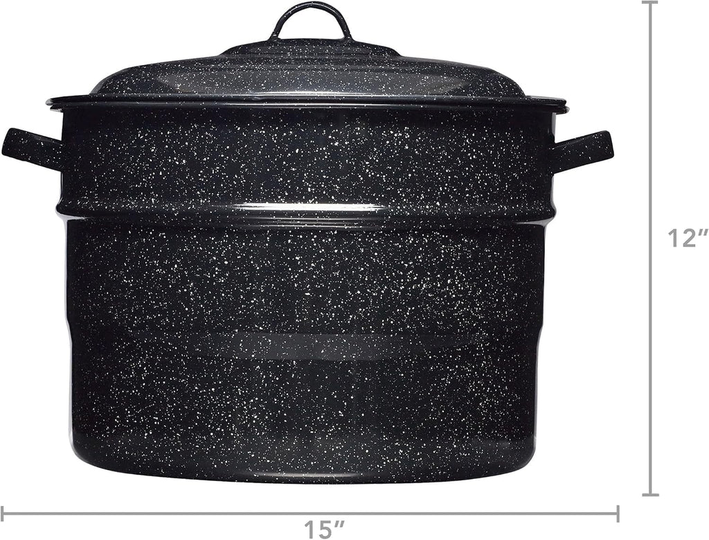Water Bath Canner with Can Rack 21.5 Quart, Porcelain Steel Core Canning Pot for 7 Quart Jars, Black Enamel Canner