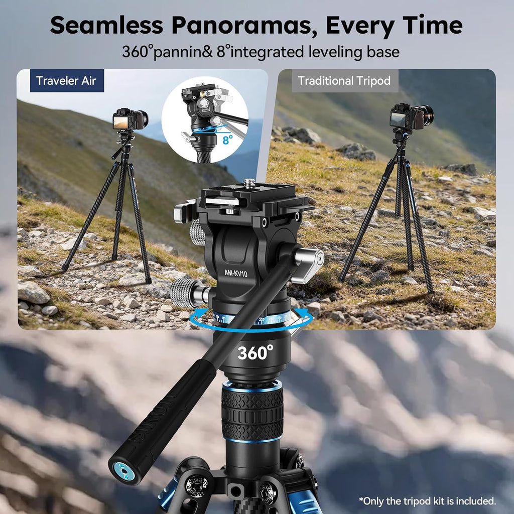 Traveler Air-T Carbon Fiber Travel Tripod, KV-10 Fluid Head, 61" | 8° Leveling Base, 11LB Load, 360° Pan, ±90° Tilt