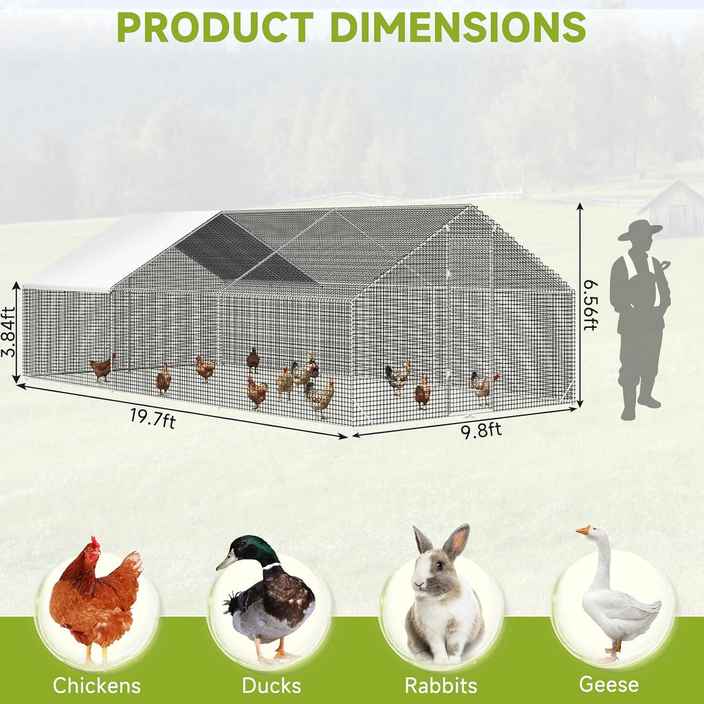 Large Walk-in Chicken Coop with Chicken Run, Galvanized Poultry Enclosure with Waterproof Anti-UV Cover and Security