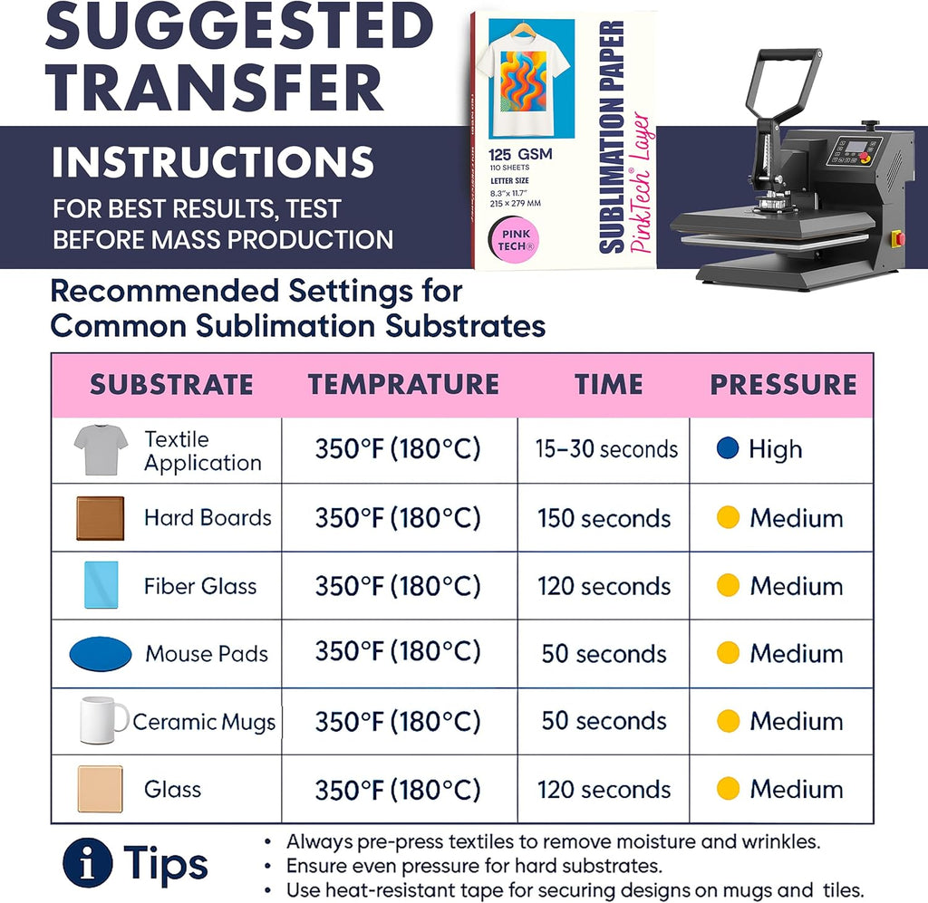 Hayes PinkTech Sublimation Paper 8.5x11 Inch 110 Sheets 125gsm for Inkjet Printer Epson Canon Sawgrass Heat Transfer