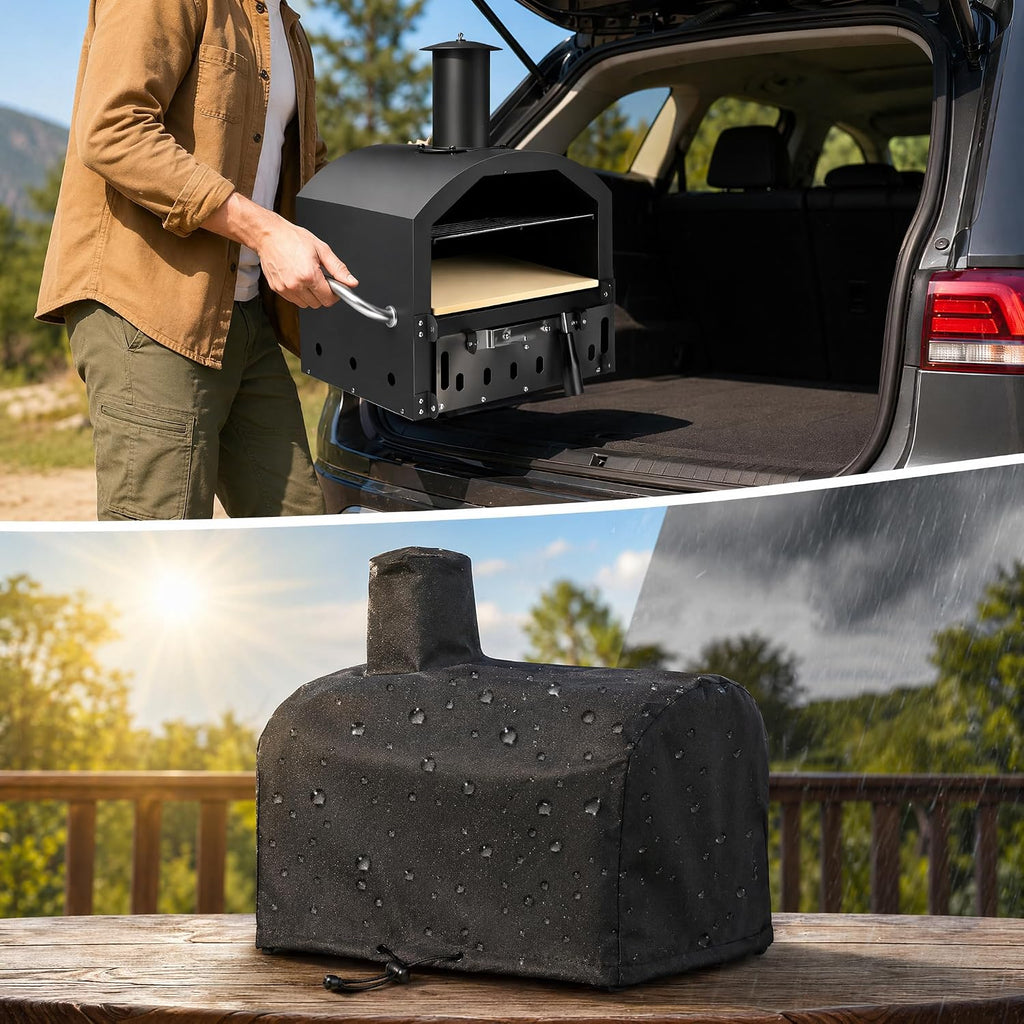 Wood Fired Outdoor Pizza Oven, Portable 2-Layer Pizza Maker with 12" Pizza Stone & Waterproof Cover – Folding Legs