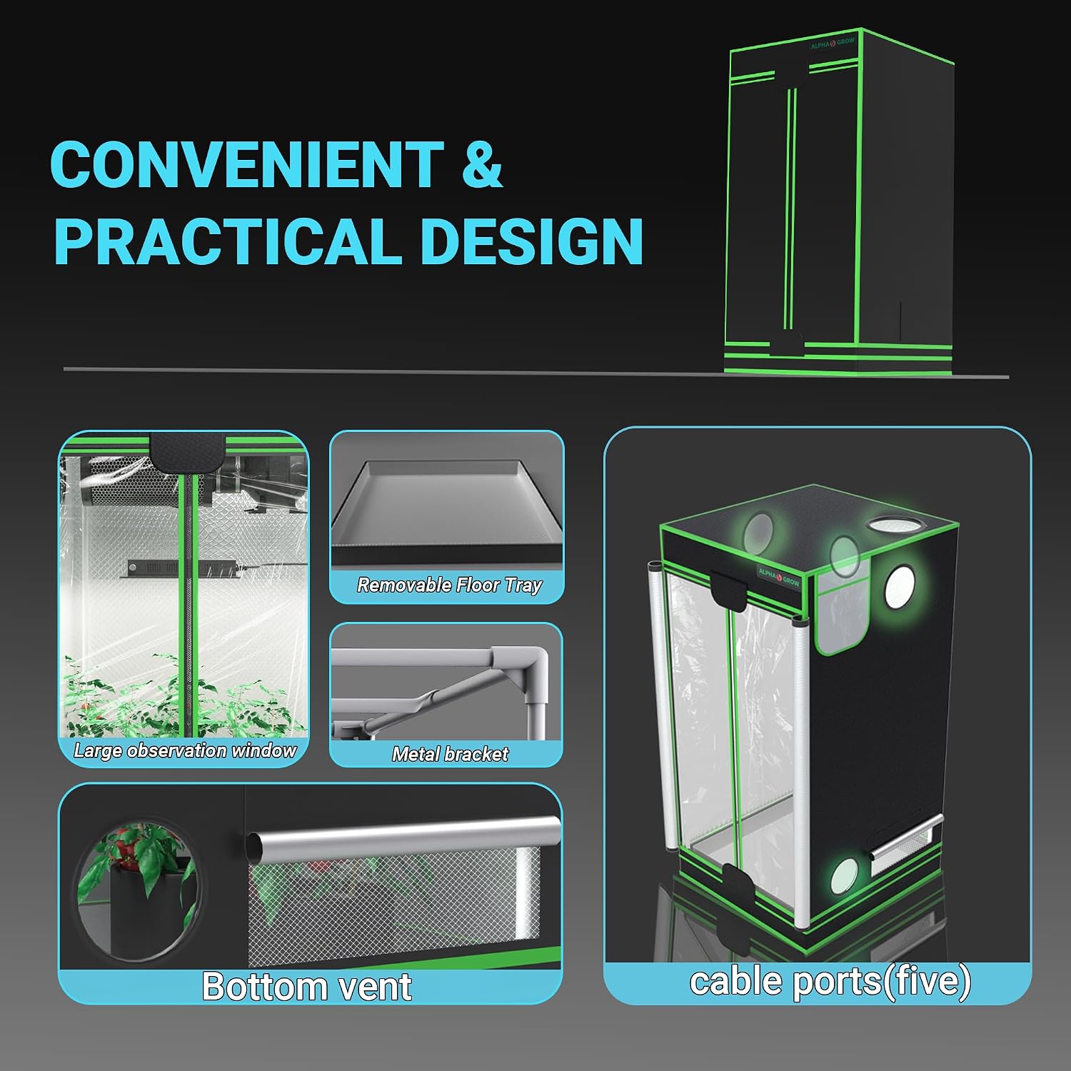 2x2 Complete Grow Tent Kit, 24x24x48 Indoor Grow Tent with 33W ABA LED Grow Light Bars, Inline Duct Fan, Carbon