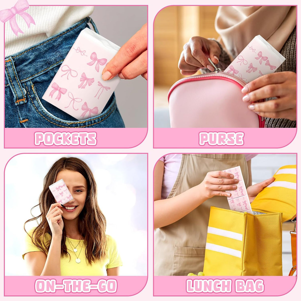 20 Pack Pink Bow Pocket Tissues Travel Packs Bulk Wedding Favor