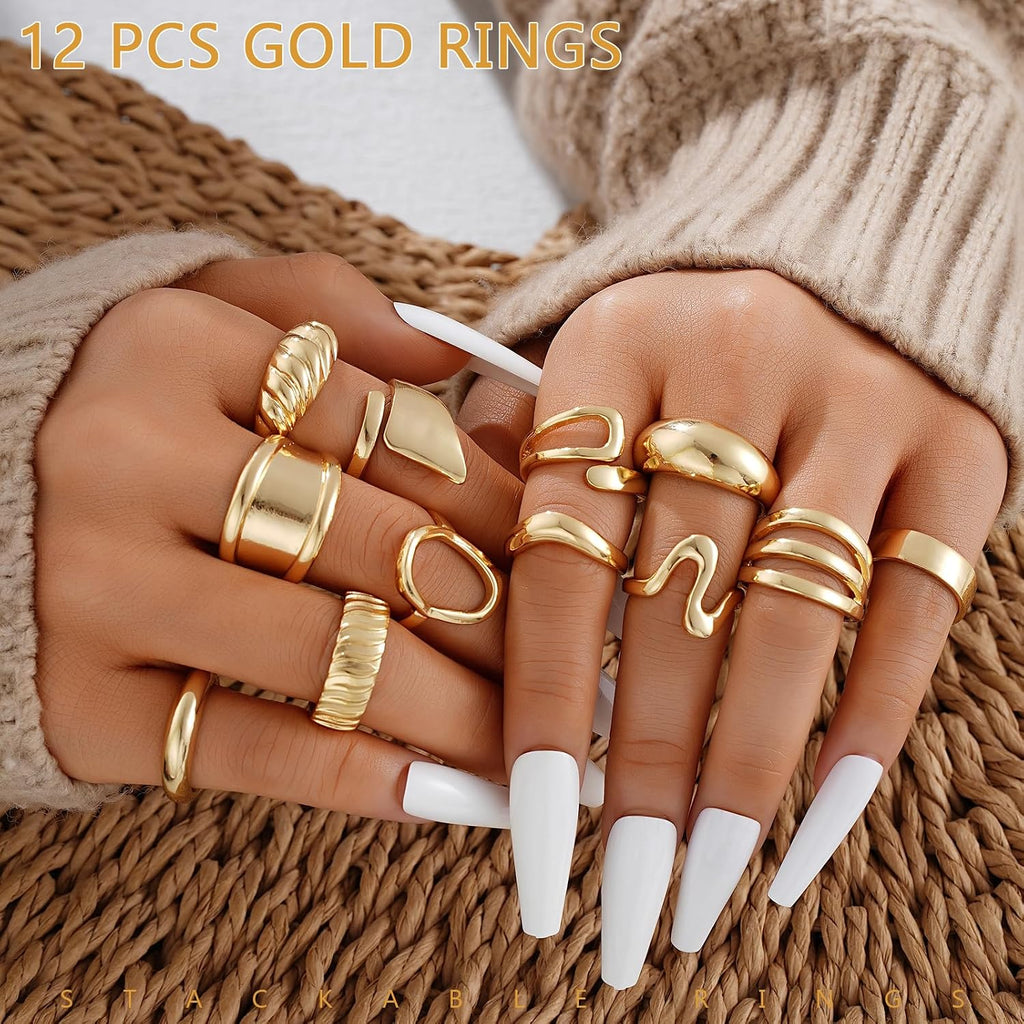 Chunky Gold Stackable Rings for Women Non Tarnish, 18K Gold-Plated Statement Open Stacking Rings, Knuckle Band Ring Set
