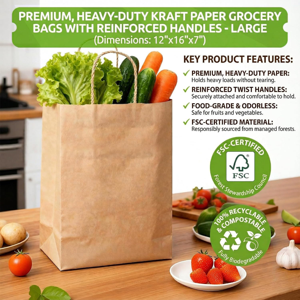 Brown Paper Bags with Handles 12x16x7 inch,25 Pack