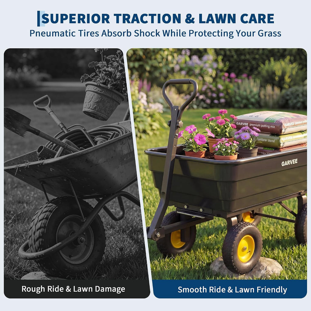 Poly Garden Dump Cart, Heavy Duty 1200lbs Wheelbarrow Yard Cart Dump Wagon with 13" All Terrain Wheels, Garden