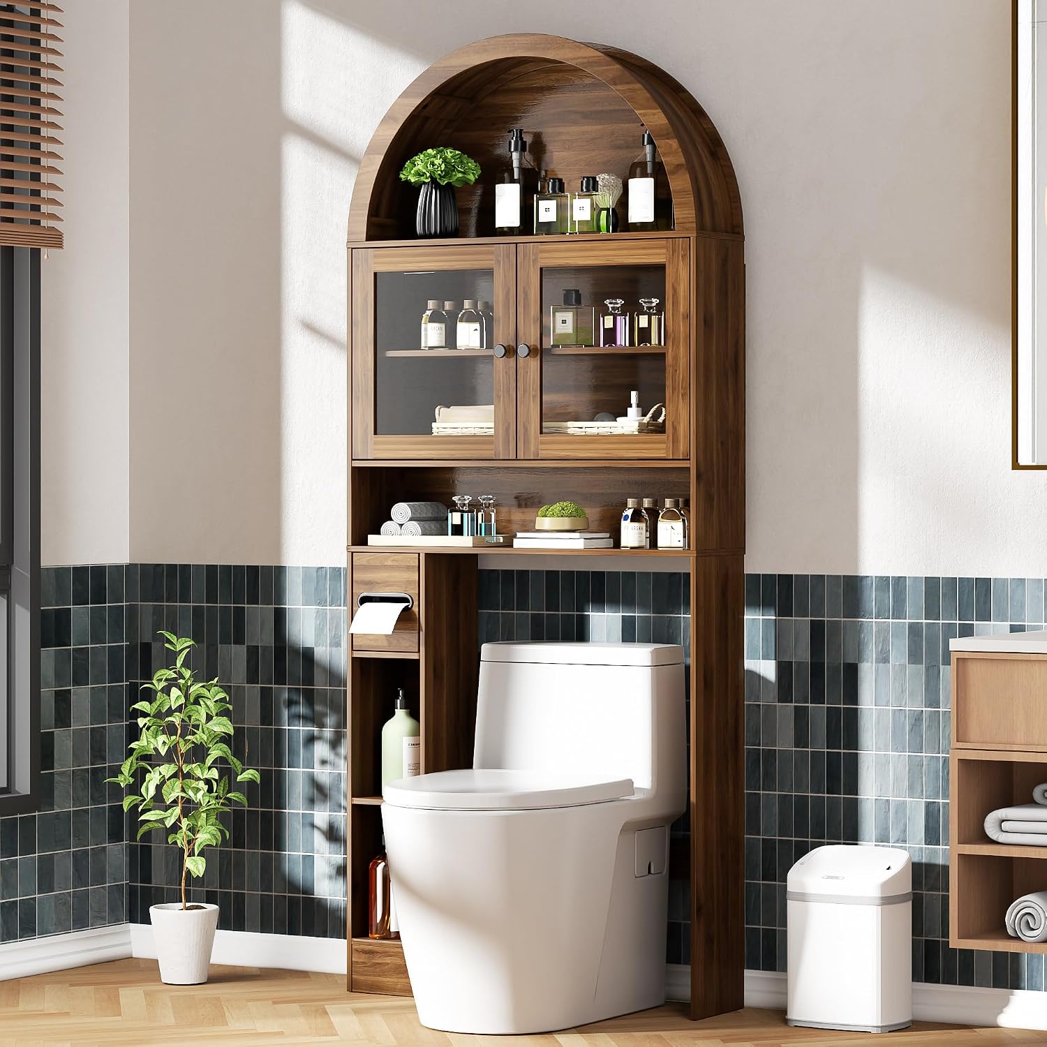 Arched Over The Toilet Storage Cabinet with Glass Doors, Above Toilet Bathroom Organizer, 4 Tier Bathroom Cabinet