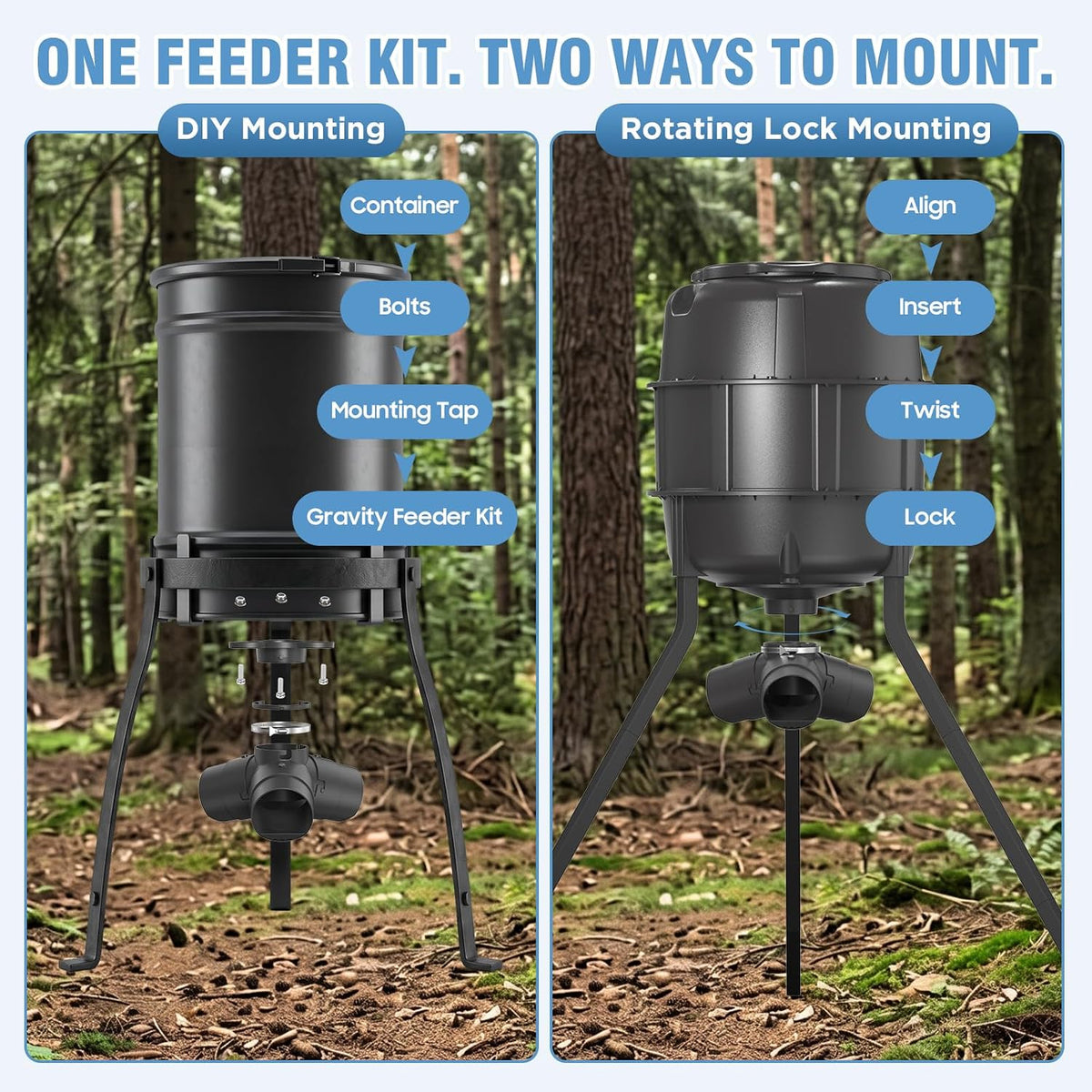 Gravity Deer Feeder Kit, Easy 2-Way Installation, Rotating Installation or DIY Bucket Setup