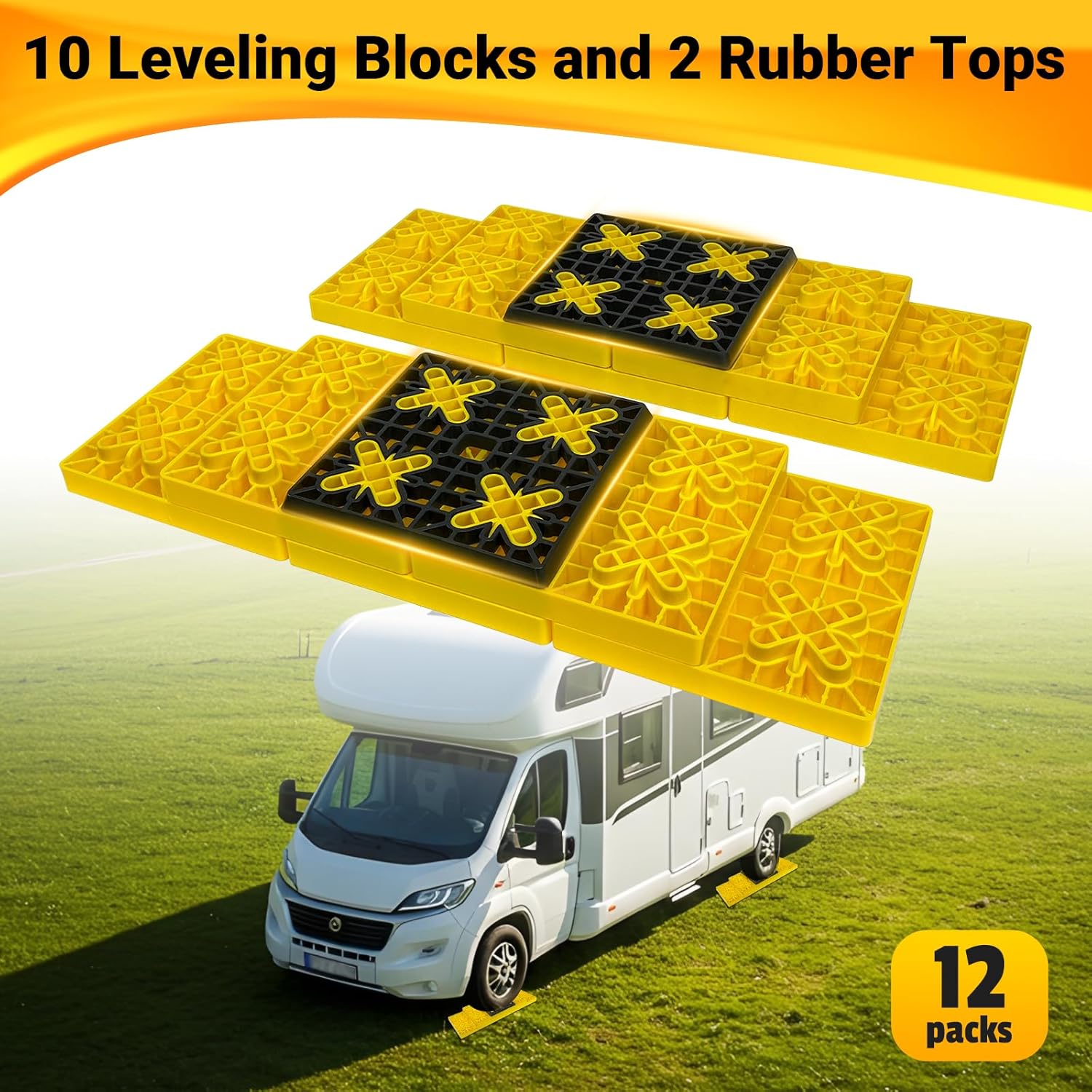 Rv Leveling Blocks 12 Pack (2 Rubber Top), Camper Leveling Blocks Sturdy Stackable Jack Blocks with Carrying Bag