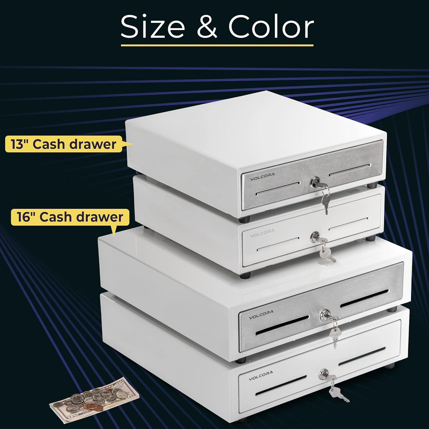 13" Manual Push Open Cash Register Drawer for Point of Sale (POS) System, White Heavy Duty Till with 4 Bills and 5
