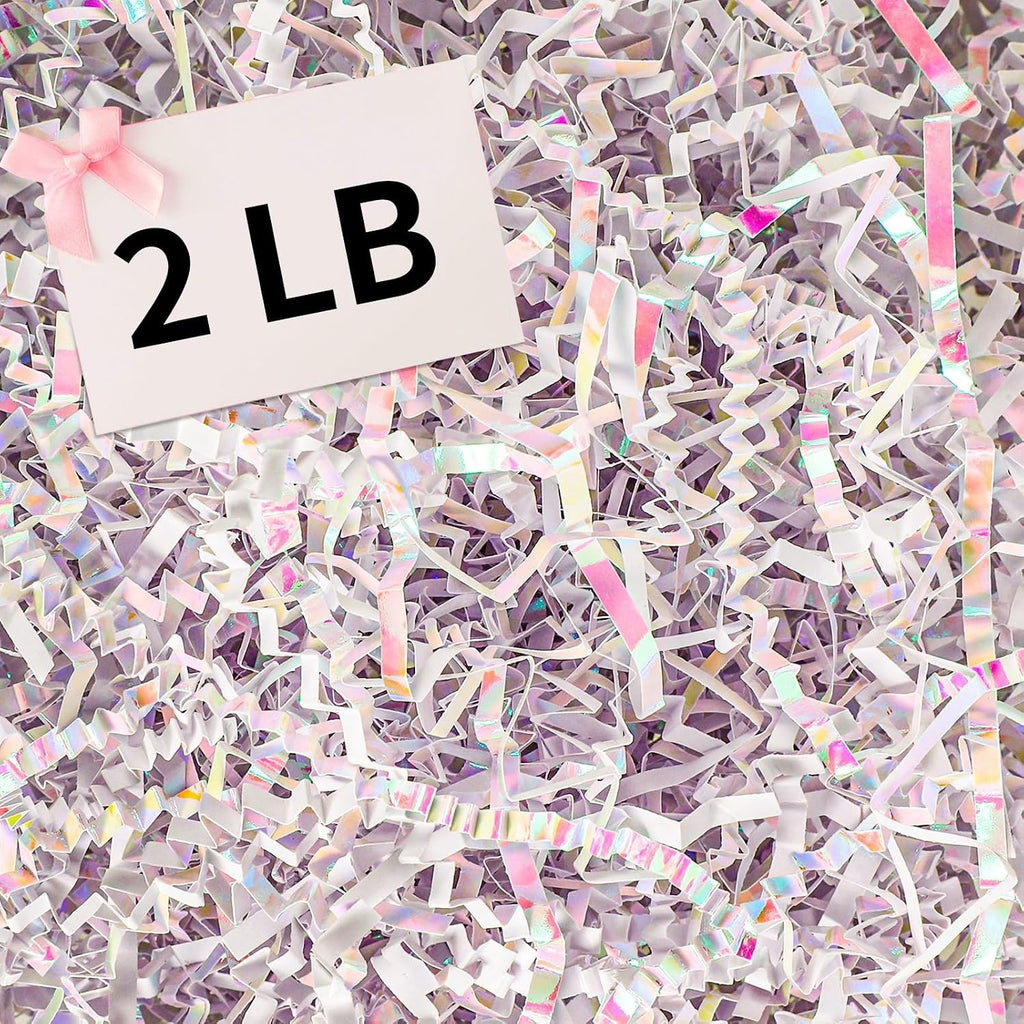 2 LB Iridescent White Crinkle Cut Paper Shred Filler for Gift Boxes