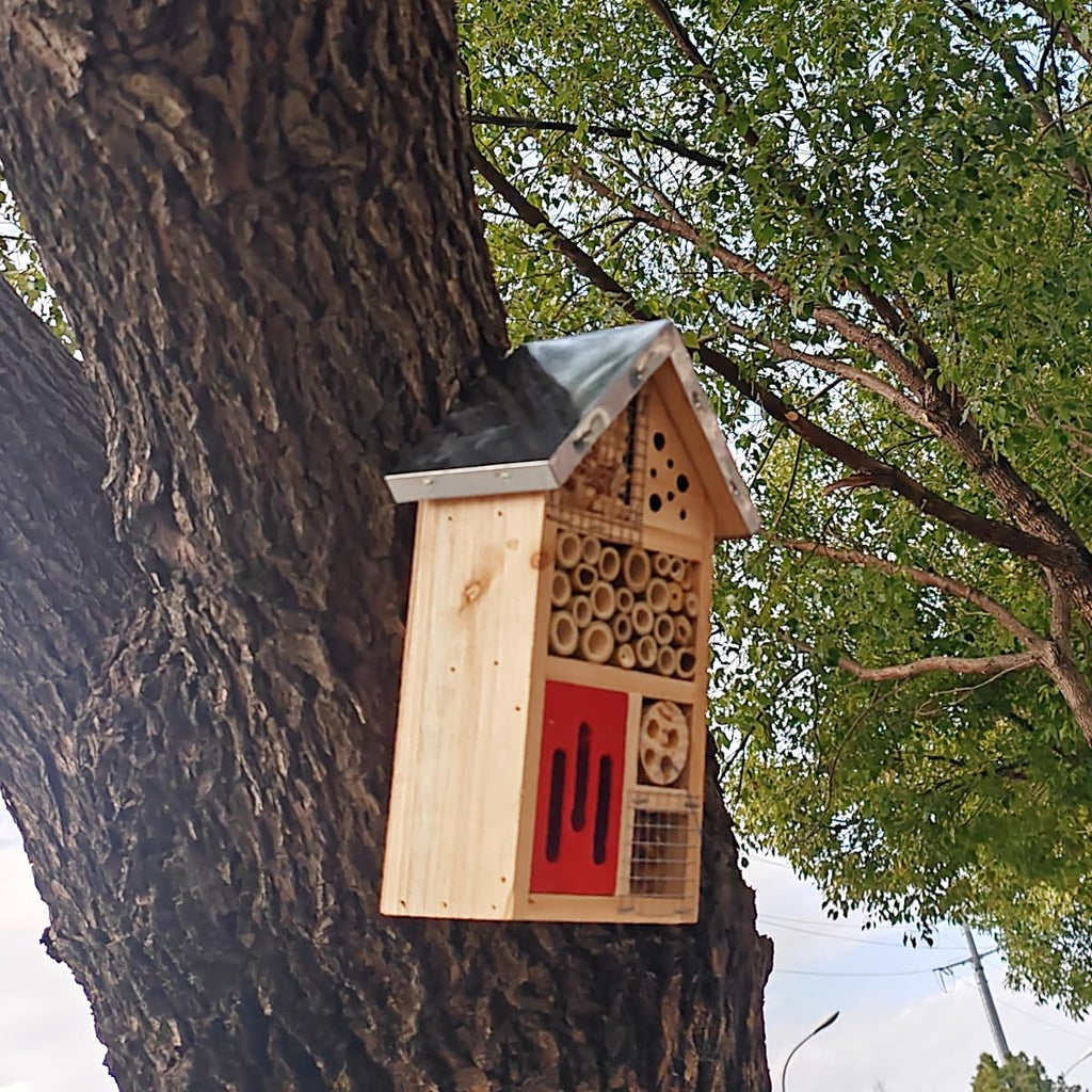 Natural Wooden Hanging Bee House for Gardens Natural Wooden Butterfly Hotel for Bee, Butterfly, Ladybirds, Habitat