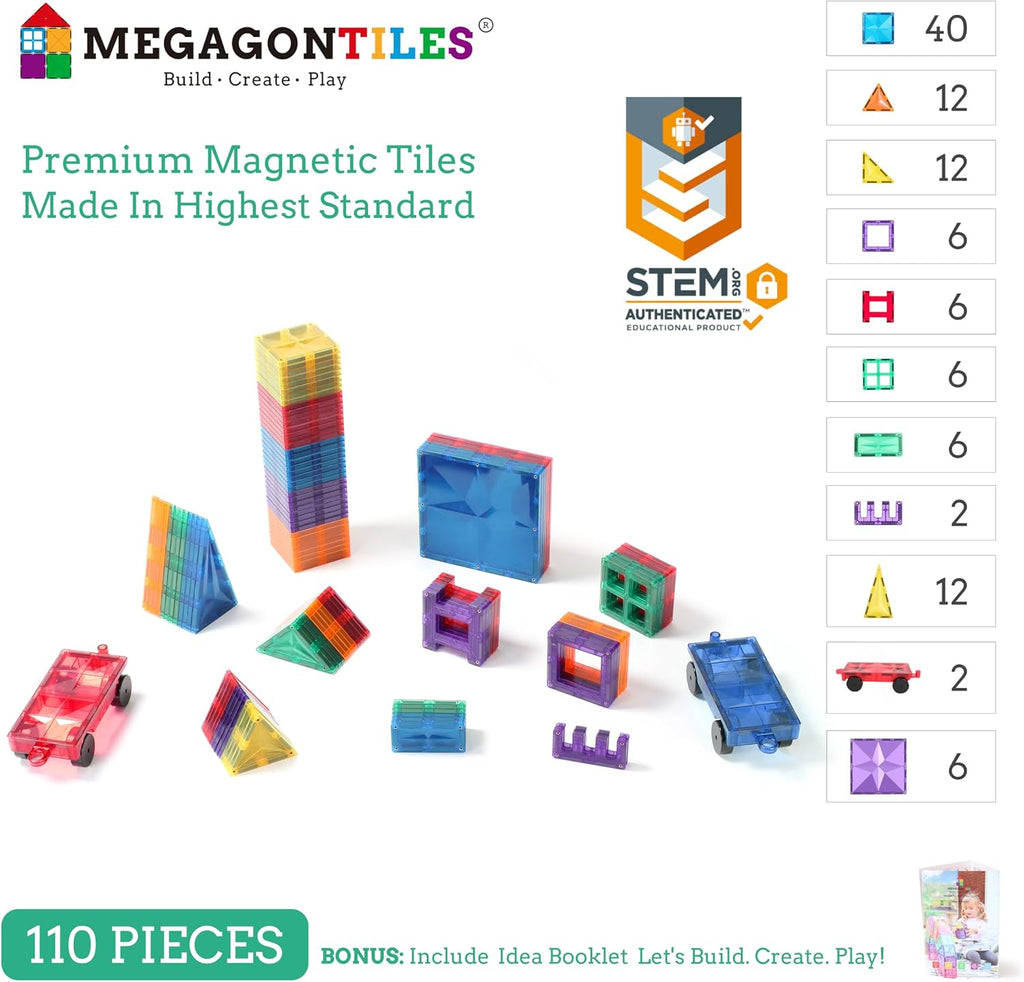 110PCS Premium Magnetic Tiles Set | STEM-Authenticated Magnetic Building Blocks | Educational Construction Toy for