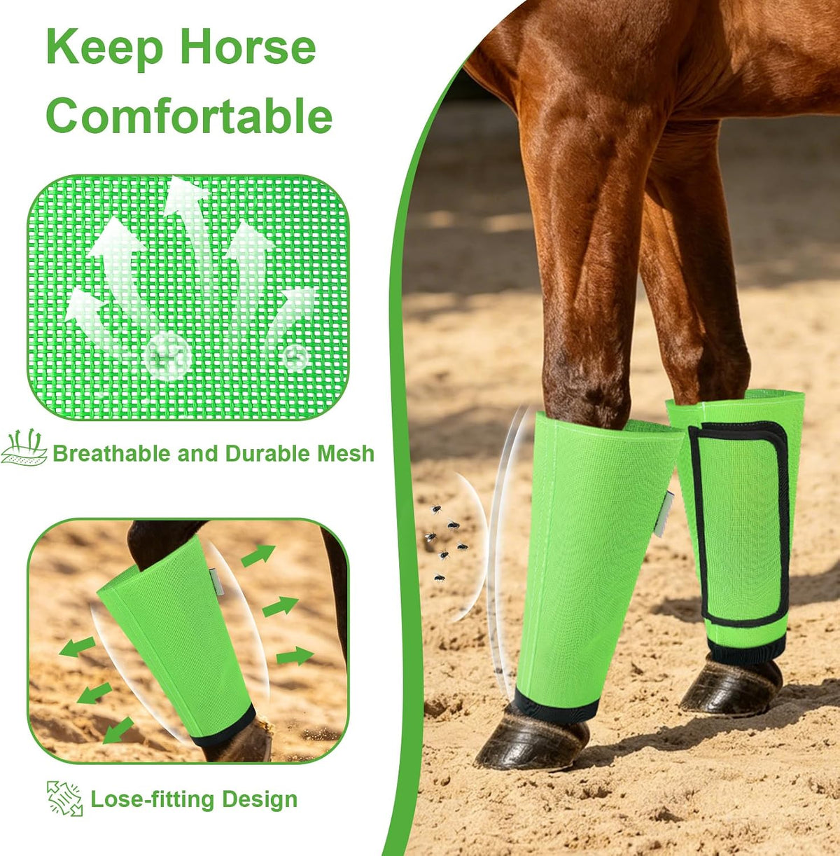 Fly Boots for Horses Set of 4, Equine Loose Fitting Leggings (Green)
