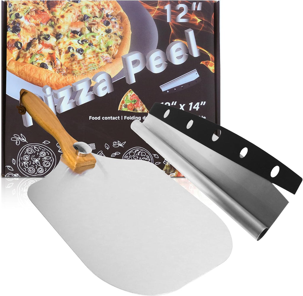 Aluminum Pizza Peel with Cutter, 12 Inch Pizza Paddle Shovel, Metal Turning Peel with 14'' Rocker Cutter, Pizza Oven