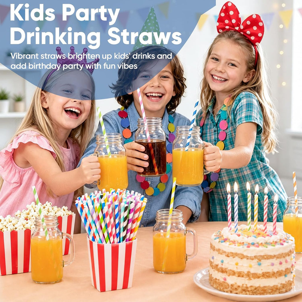 7.75" Striped Colorful Paper Straws Bulk 500ct - 10 Cute Fun Rainbow Colors