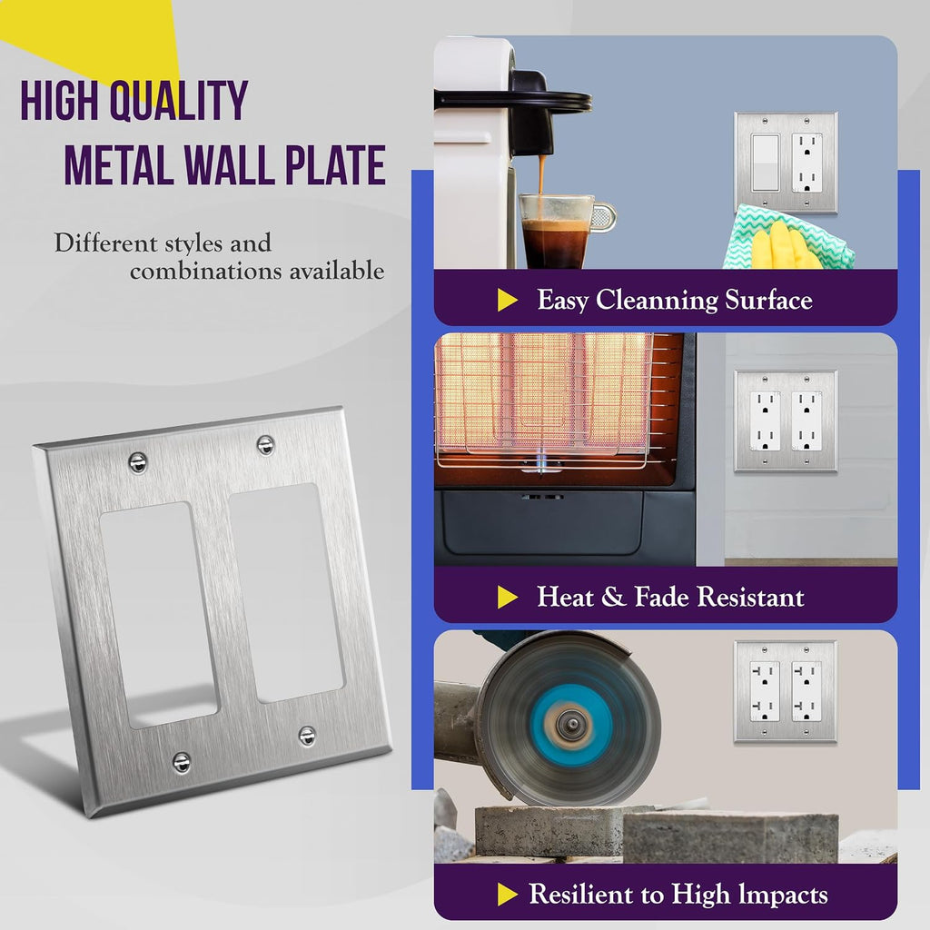 ENERLITES Decorator Switch or Receptacle Metal Wall Plate, 2-Gang, Silver