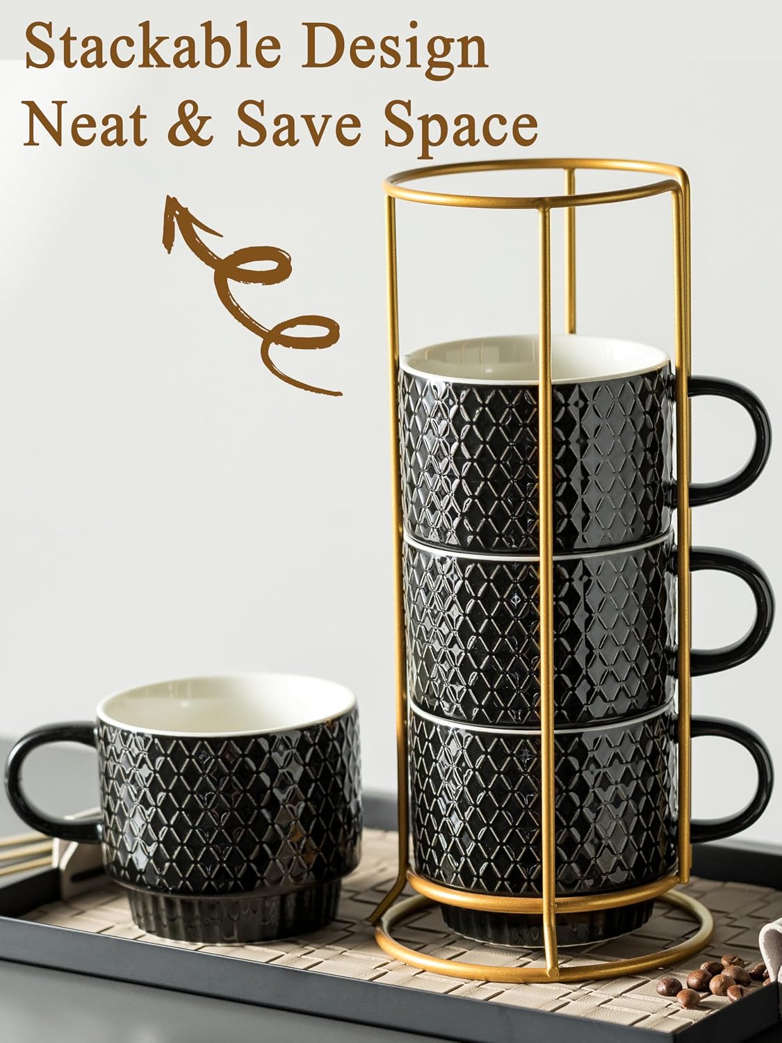 Coffee Mugs Set of 4, 13oz Stackable Coffee Cups with Stand, Black