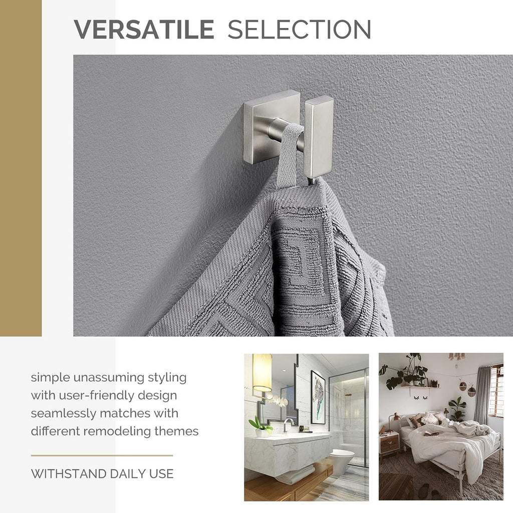 Towel Hook Brushed Nickel, Robe Coat Hand Towel Holder | Rustproof SUS304 Stainless Steel, Square Hook for Bathroom