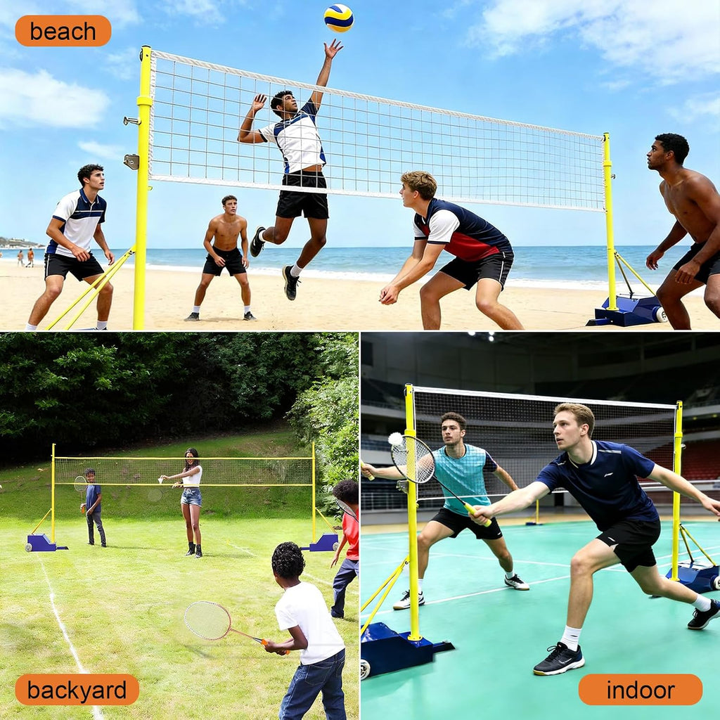 Adjustable Volleyball Badminton Net System with Wheels, 4 Height Settings 5ft-6.9ft | Heavy-duty steel frame dual