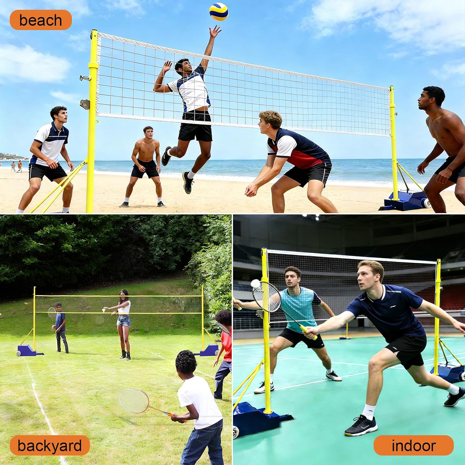 Adjustable Volleyball Badminton Net System with Wheels, 4 Height Settings 5ft-6.9ft | Heavy-duty steel frame dual