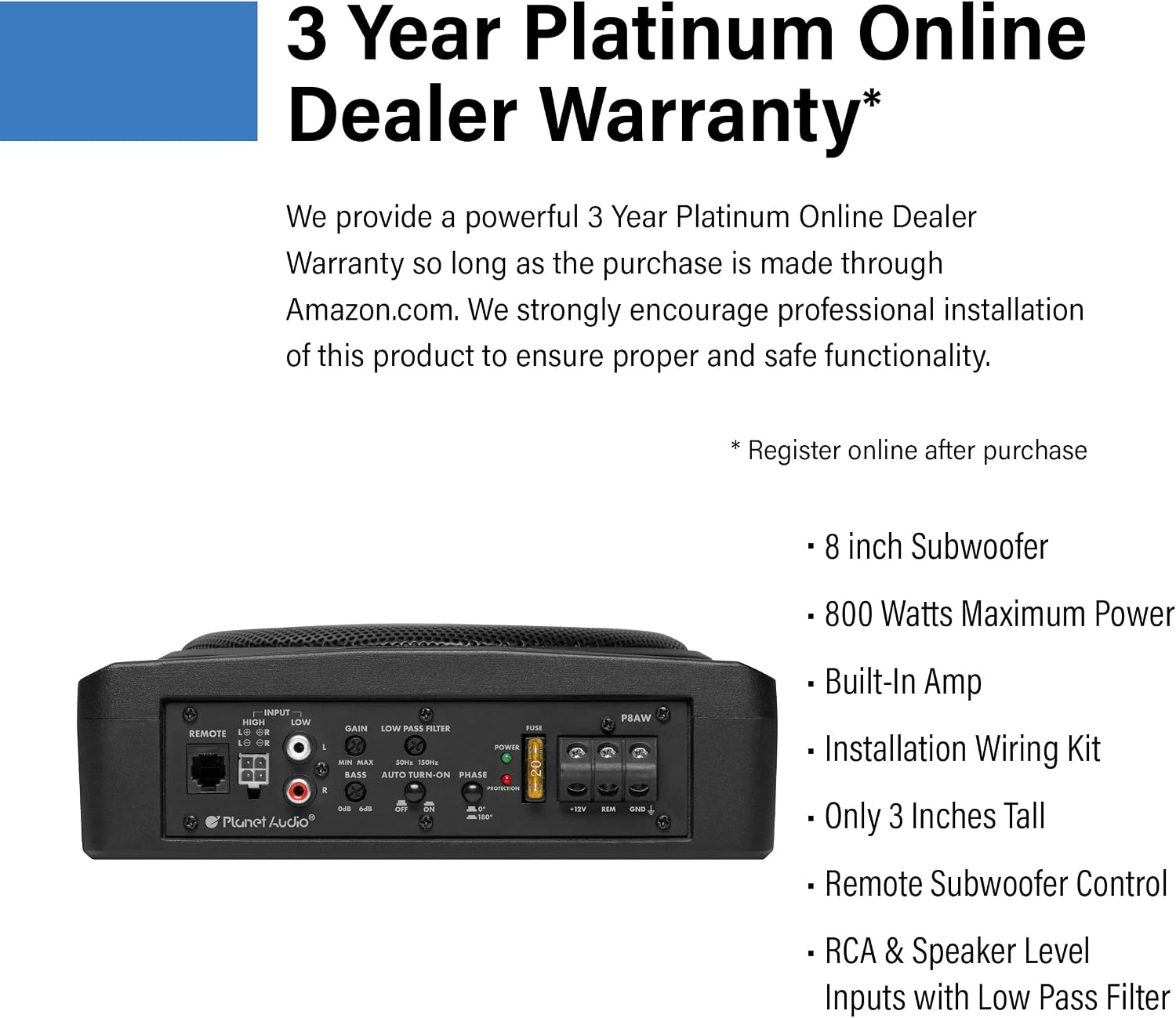 P8AWK 8 Inch Under Seat Powered Car Subwoofer, 800 Watts