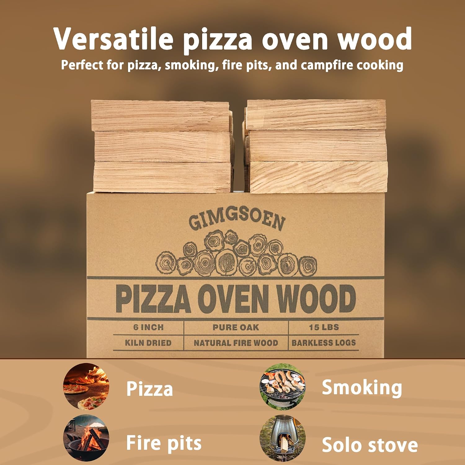 Pizza Oven & Cooking Wood – Mini Kiln-Dried Oak, 6-Inch Logs, 15lb Box – Bark-Free Firewood for Ooni, Gozney, Solo