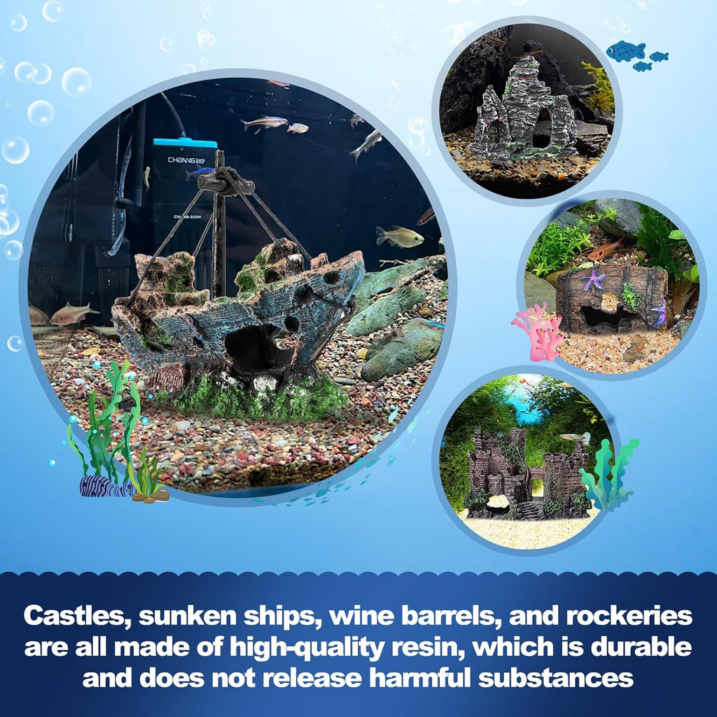 14 Pcs Aquarium Decorations Large Kit，Castle Fish Tank Bubbler Decorations，Starfish Barrel, Resin Cave Rock,Resin
