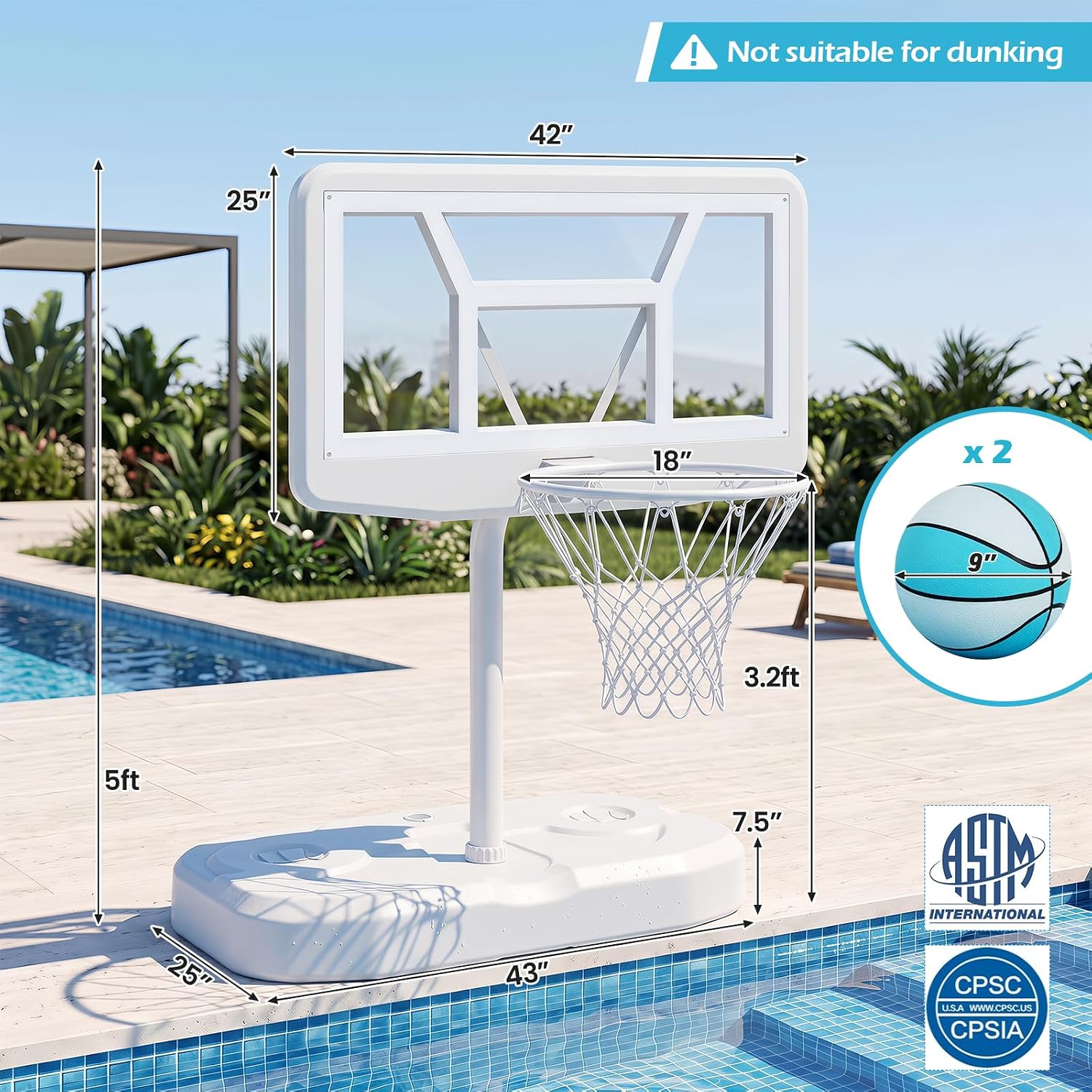 Pool Basketball Hoop w/42'' PC Backboard, 2 Balls, Pump | Shatterproof Outdoor Swimming Poolside Basketball Goal