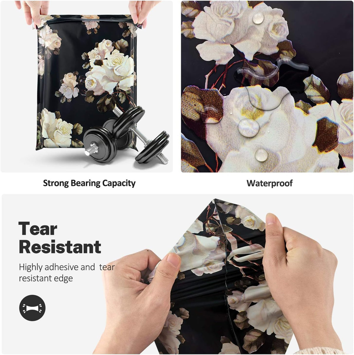 10X13 (100 Pack) Floral Pattern Poly Mailer Envelope Plastic Custom Mailing & Shipping Bags - Self Seal (White Rose)