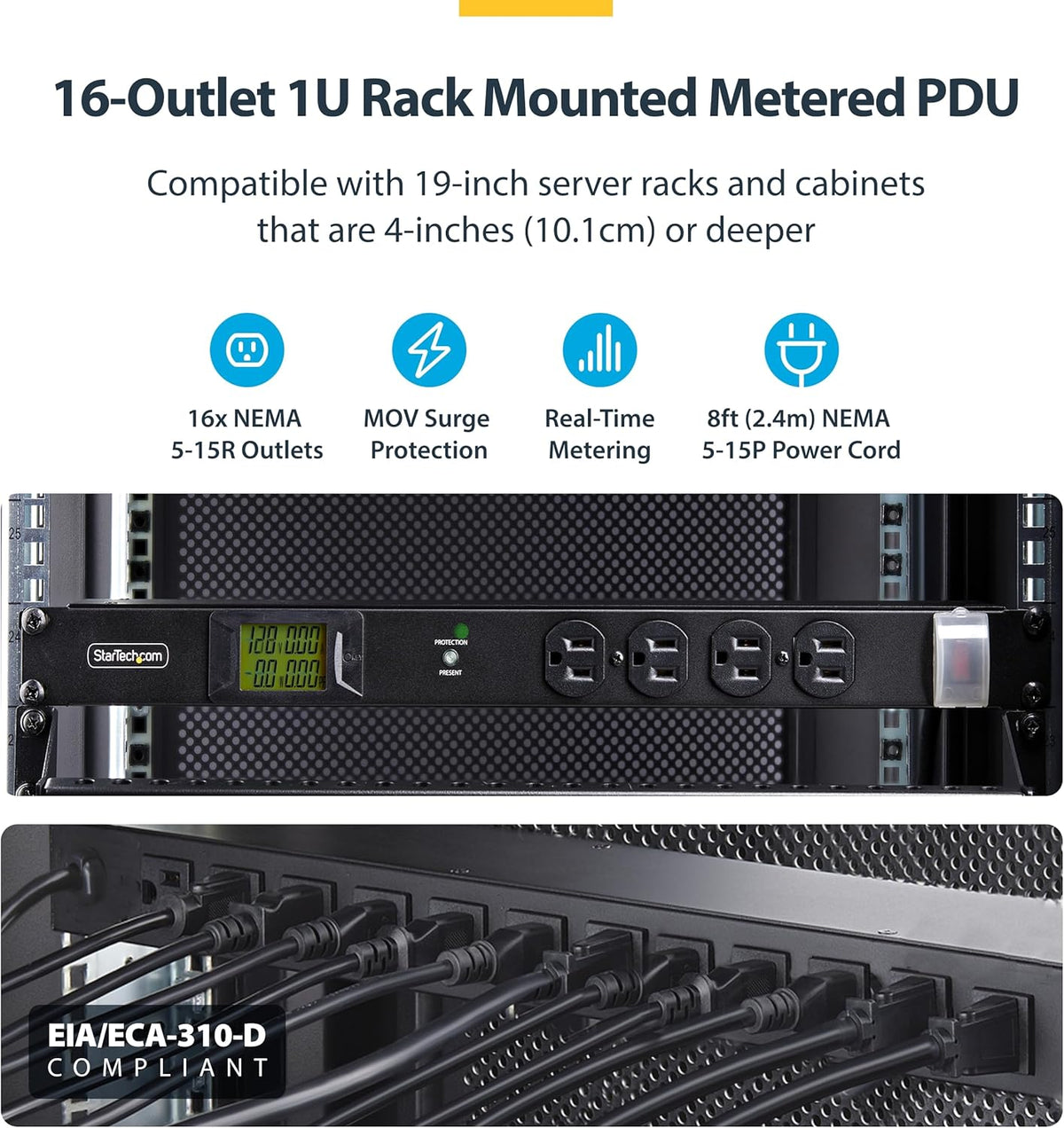 StarTech 16-Outlet 1U Metered PDU, Surge, TAA (16NM8-RACK-MOUNT-PDU)