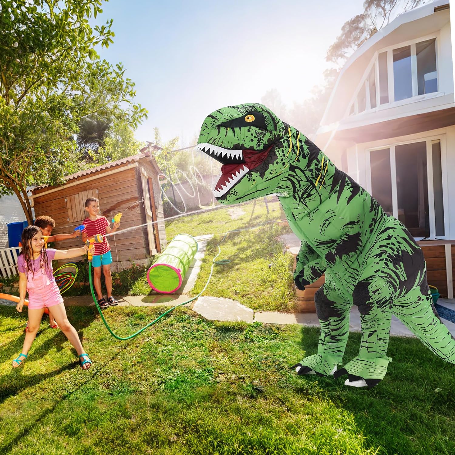 Inflatable Dinosaur Costume for Adult,Halloween Costumes T Rex Blow Up Costumes for Women Men,Funny Cosplay Party(Green)