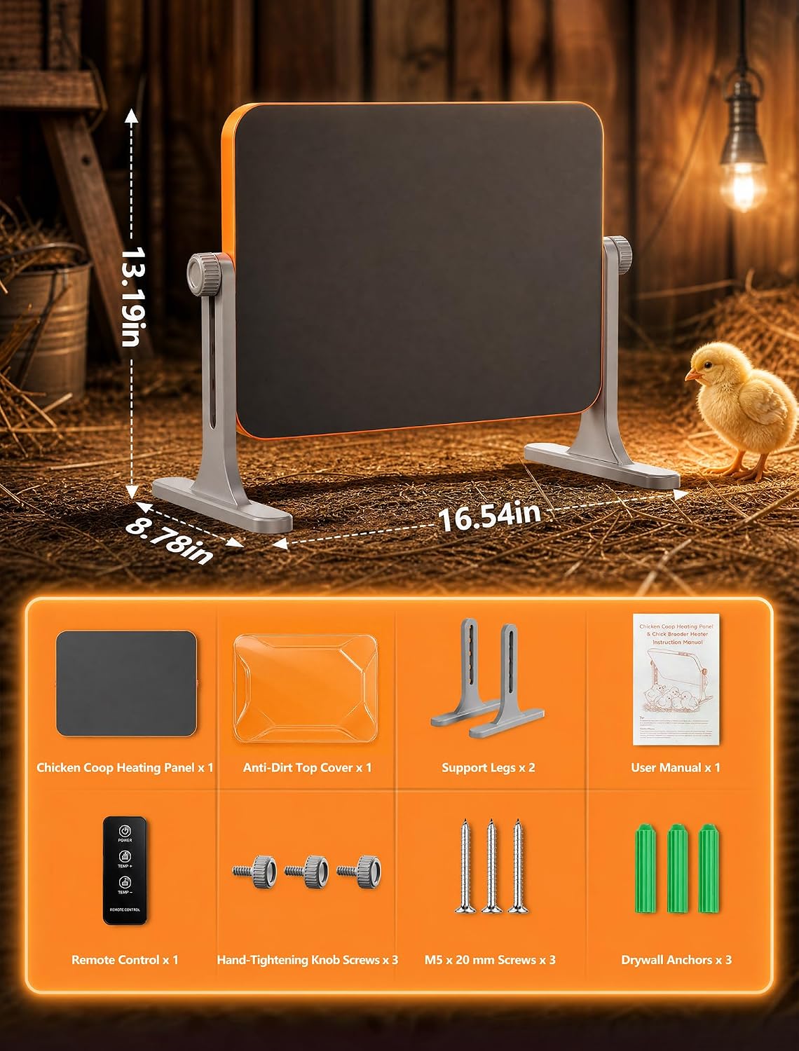 200W Multi-Angle Adjustable Chicken Coop Heater, Smart Thermostat Radiant Warmer Compatible with Timers, Remote