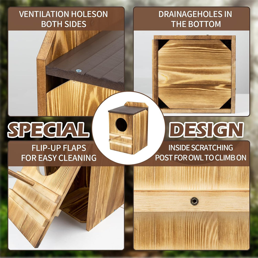 9'' x 14.5'' Owl House for Outdoor, Screech Owl House, Bird Box Large Handmade Wooden Circular Opening Screech Box