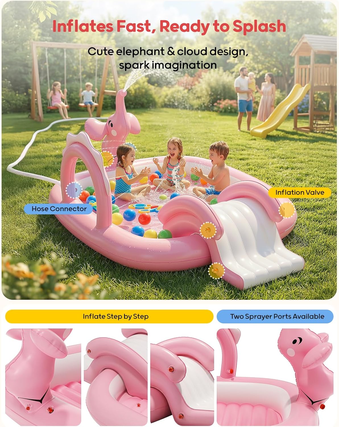 Elephant Kids Pool with Slide and Sprinkler, Inflatable Play Center with 4 Rings, 72 × 64 × 37 in, Fast Inflation