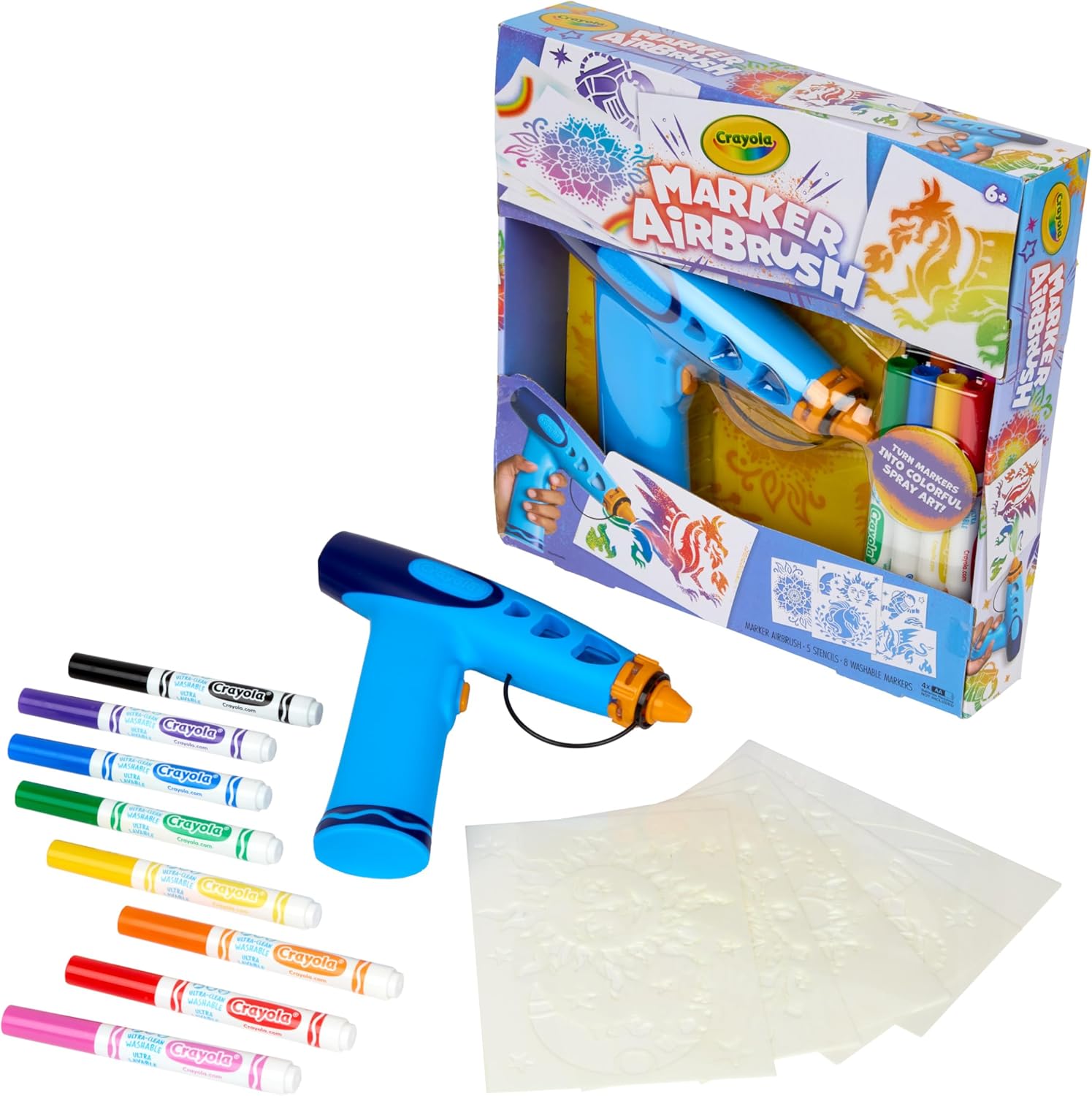 Marker Airbrush Spray Art Kit, 8 Washable Markers, 5 Stencils | Arts & Crafts Toys for Kids, Birthday, Holiday Gifts
