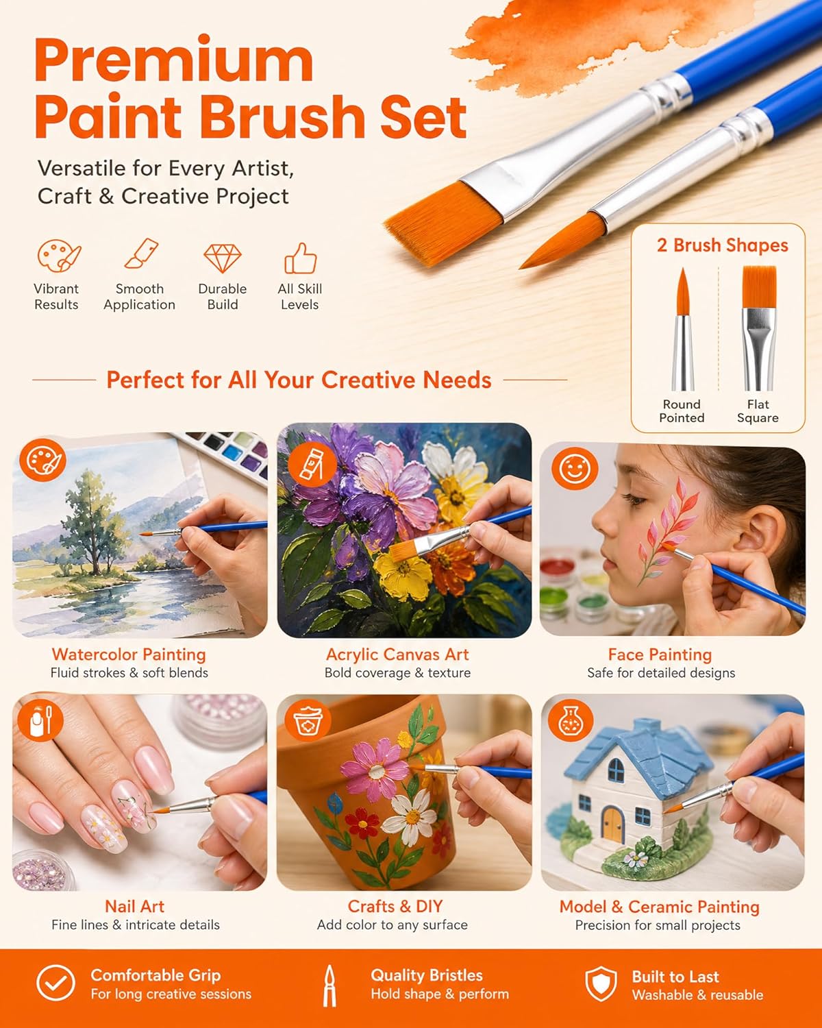 Small Paint Brushes Bulk, 160 Pcs Flat Tip Round Acrylic Paint Brushes for Kids Classroom Acrylic Watercolor Canvas
