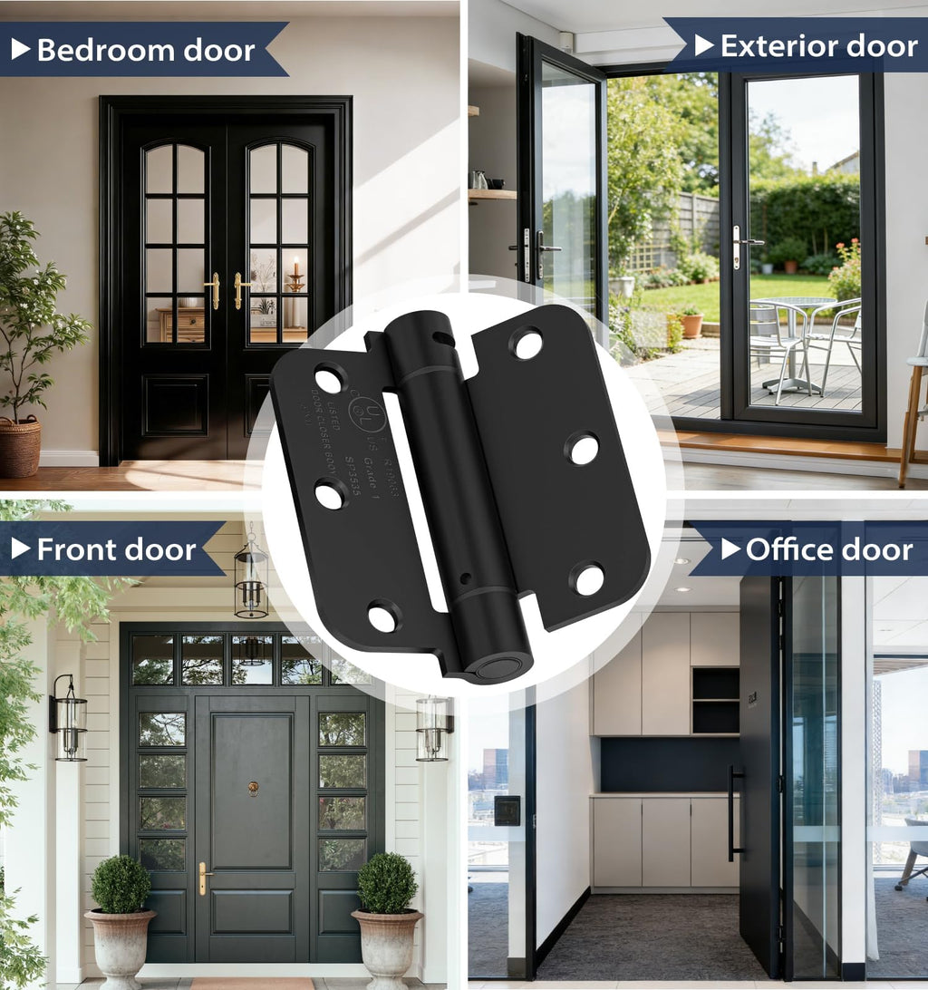 3-Pack 3.5 Inch Self Closing Door Hinges,5/8" Radius Corners,Black