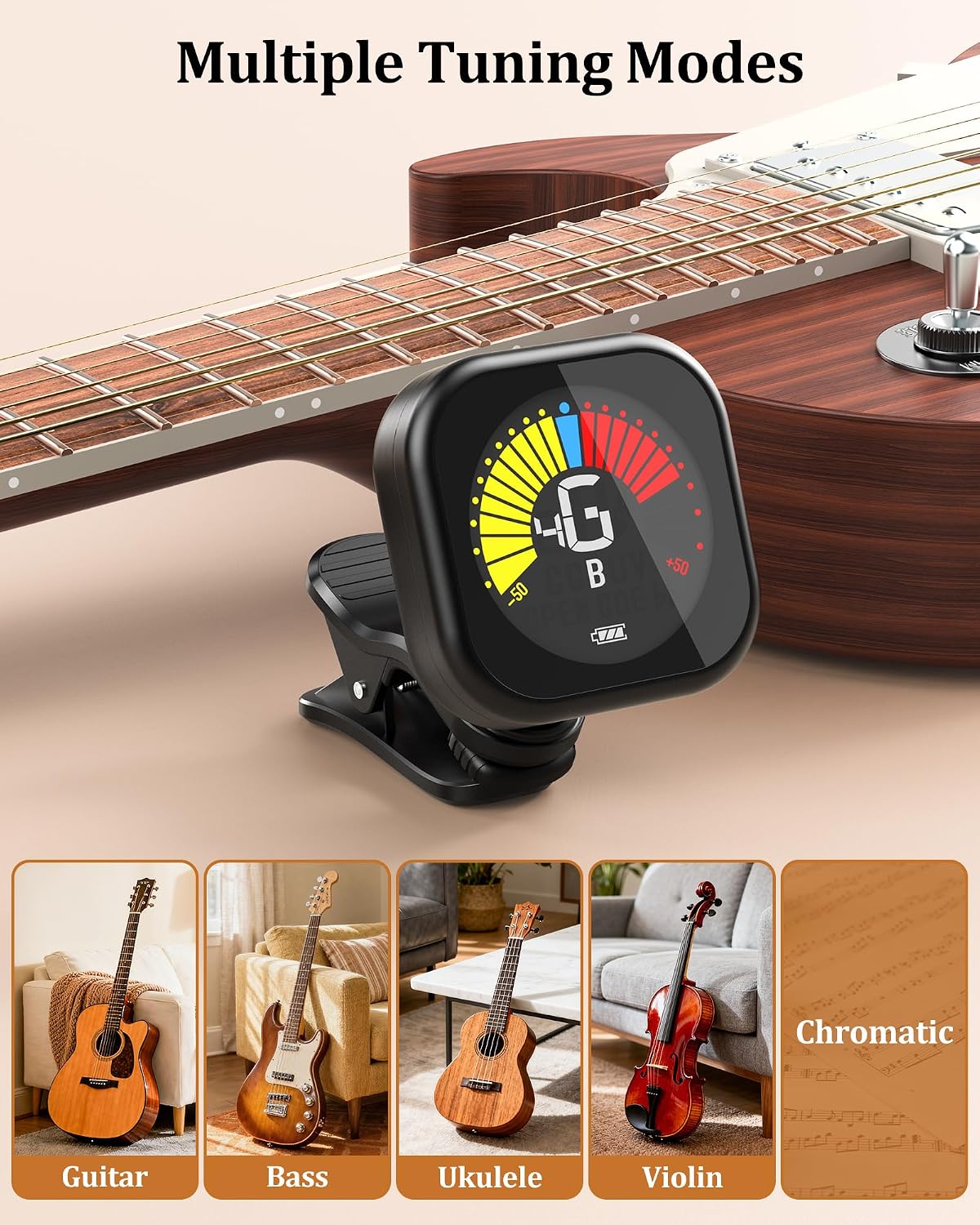 Guitar Tuner Clip-On Rechargeable with Color Screen 360° Rotatable Acoustic Chromatic Open Tuning for Guitar, Bass