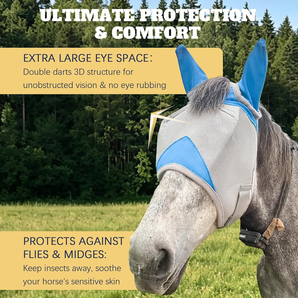 Horse Fly Mask with Ears, Breathable UV Protection Mesh, Large Eye Space No Rubbing, Soft Fleece Trim, Adjustable