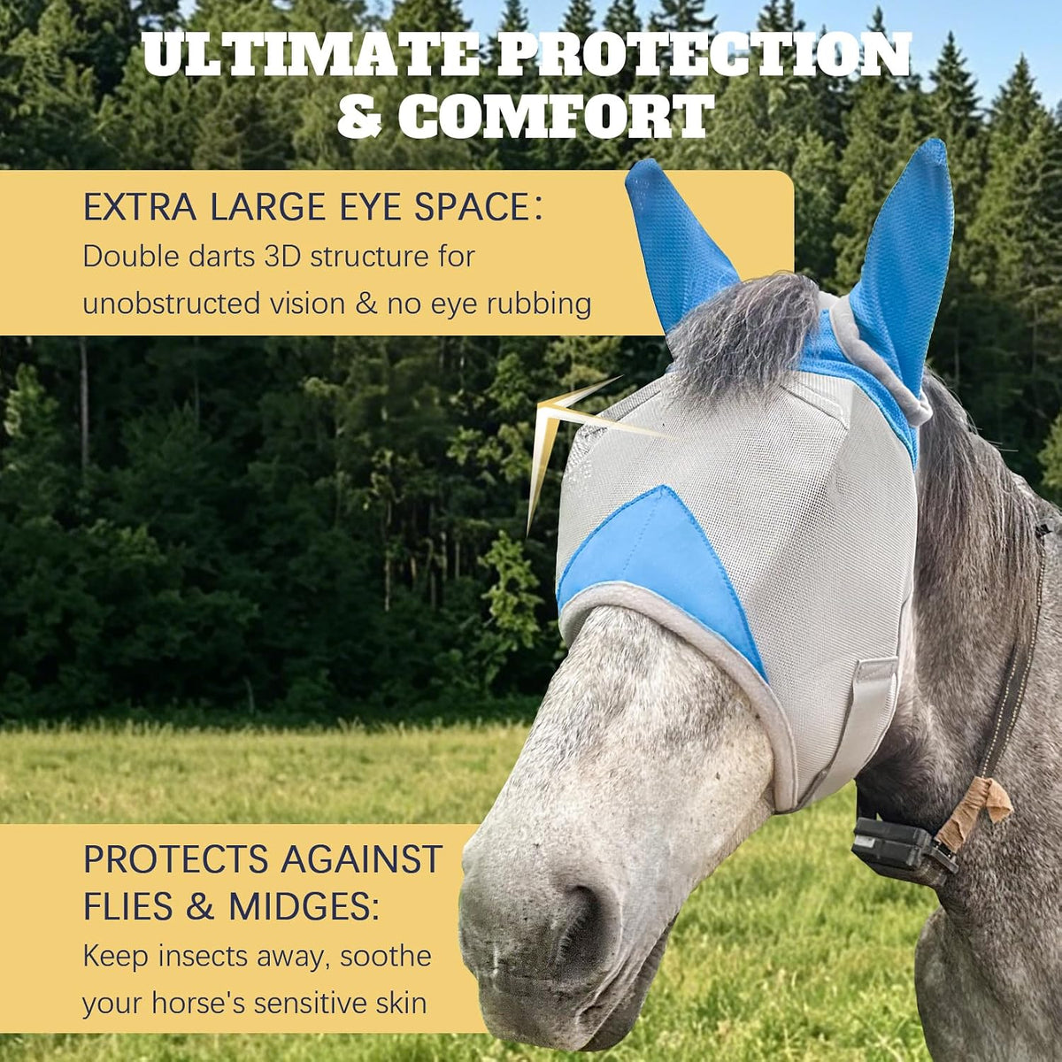 Horse Fly Mask with Ears, Breathable UV Protection Mesh, Large Eye Space No Rubbing, Soft Fleece Trim, Adjustable