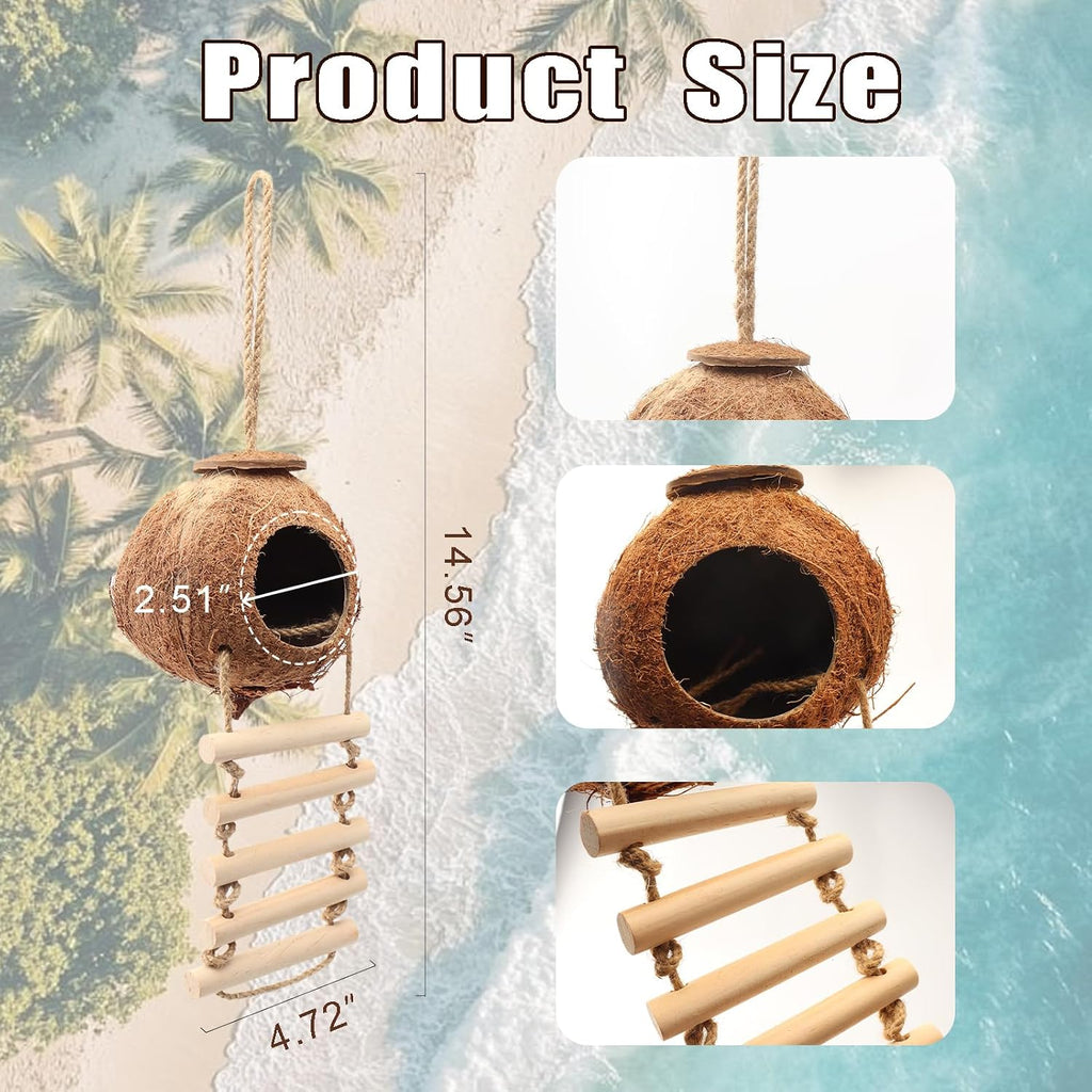 Gecko Tank Accessories Natural Coconut Shell Hut with Climbing Ladder & Suction Cup Hermit Crab Toys Reptile Hideout