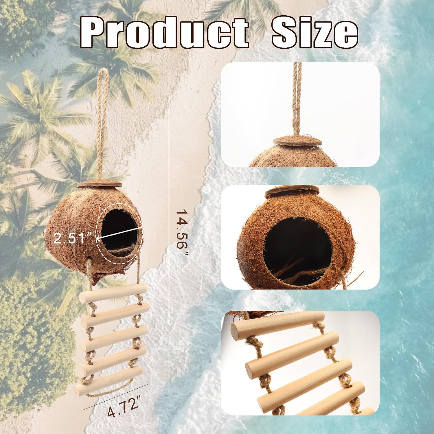 Gecko Tank Accessories Natural Coconut Shell Hut with Climbing Ladder & Suction Cup Hermit Crab Toys Reptile Hideout