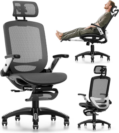 Ergonomic Office Chair with Footrest, High Back Home Desk Chair - 3D Headrest, Flip-Up Arms, 135° Tilt and Wide