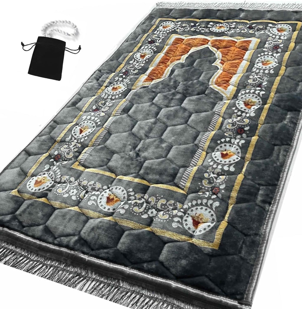Prayer Rug Muslim Mat Islamic - Padded Very Thick Prayer Rug Sajadah for Men Women with Islam Prayer Beads for Eid